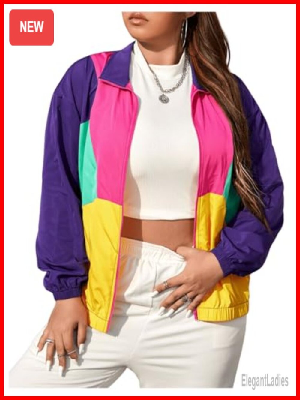 Plus Size Zip Up Lightweight Color Block Bomber Jacket Patchwork Sporty